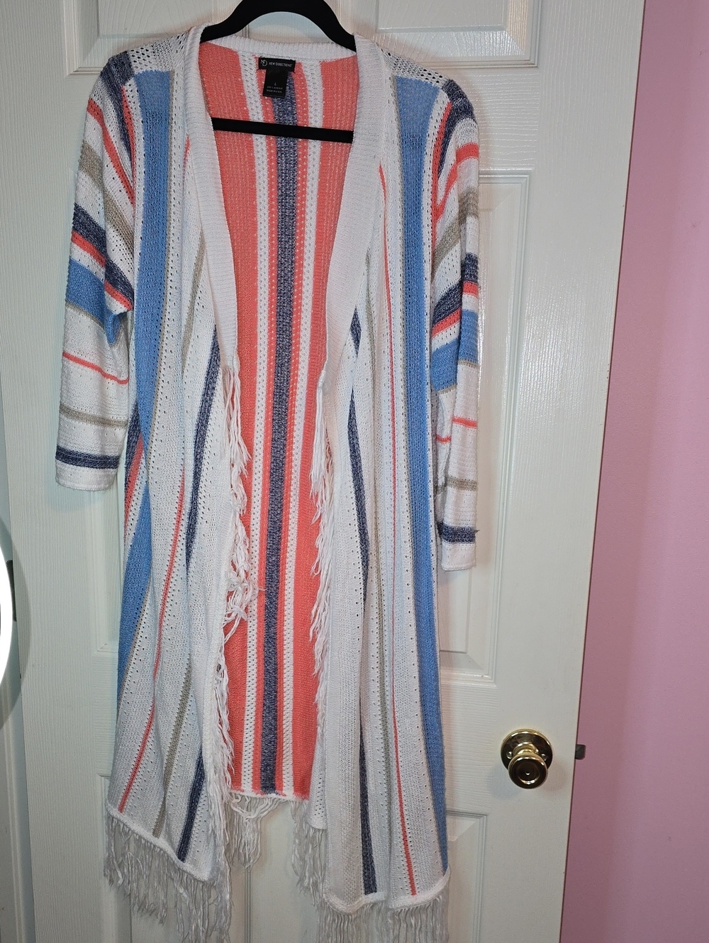 Max Studio Striped Open-Front Fringe Cardigan - Coral, Blue, White, Tan